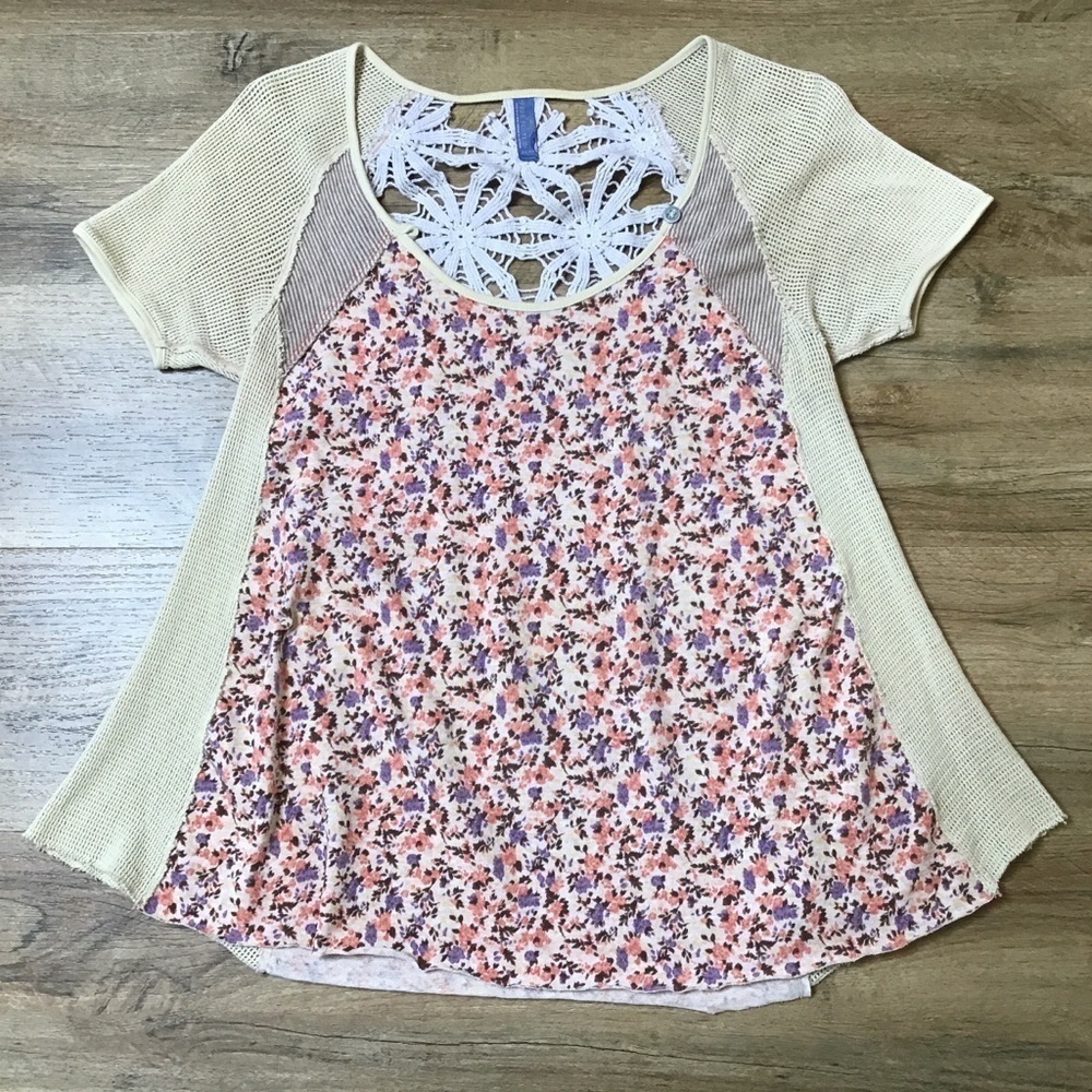 ANTHRO Free People Top Cottage Floral Print Cream Red Purple Size XS